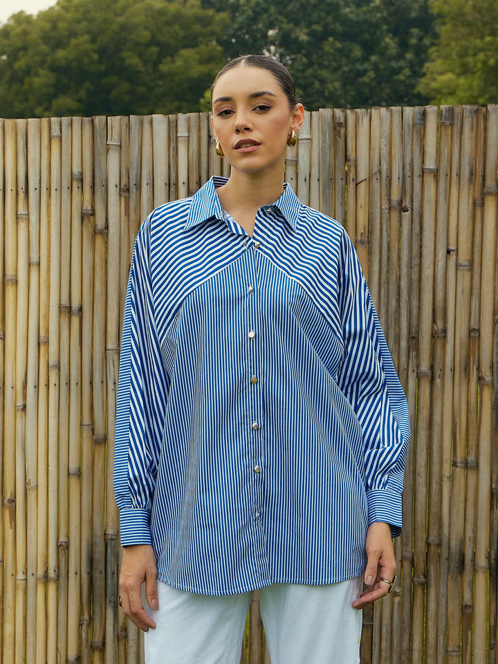 Women Blue &amp; White Stripe Oversized Shirt