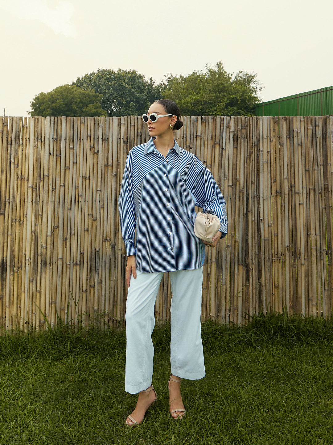 Women Blue &amp; White Stripe Oversized Shirt