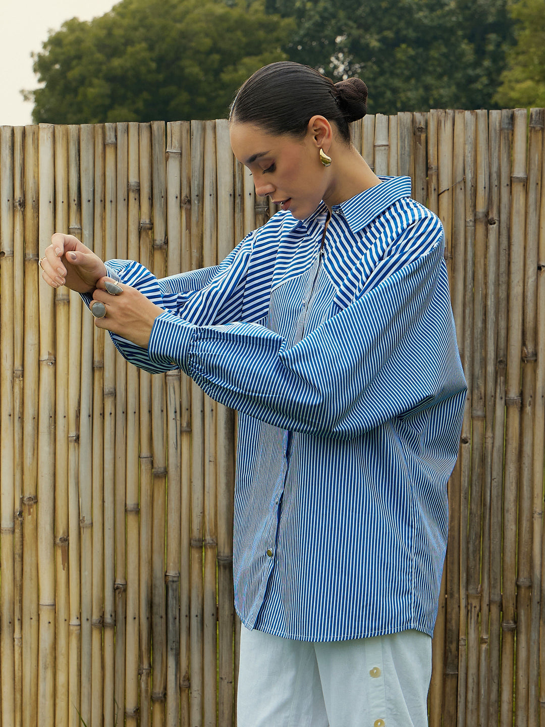 Women Blue &amp; White Stripe Oversized Shirt