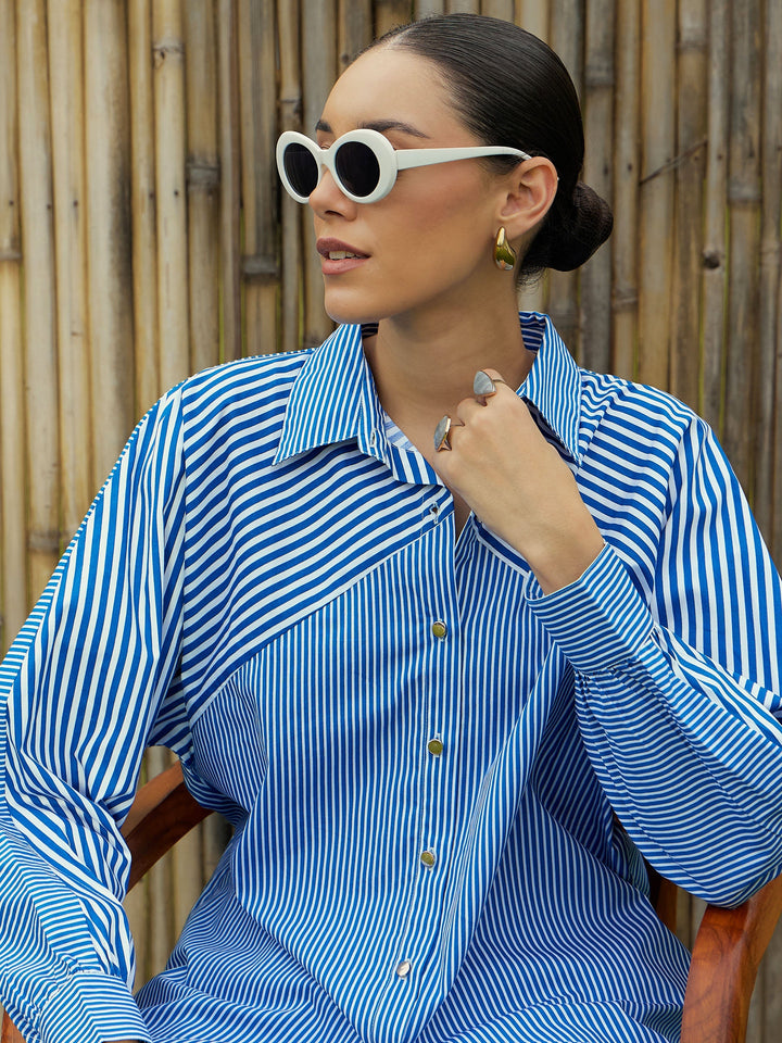 Women Blue &amp; White Stripe Oversized Shirt