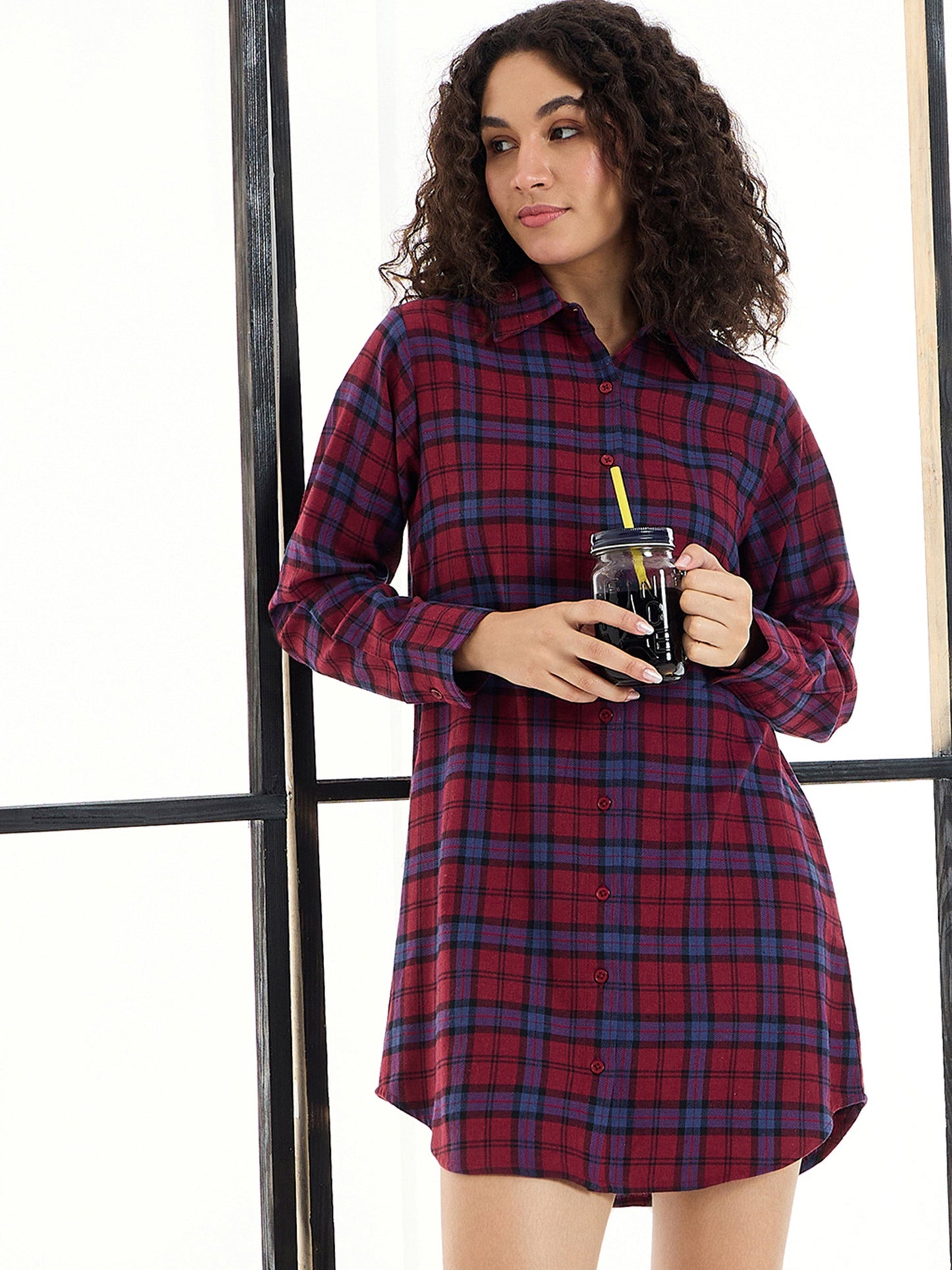 Maroon & Blue Check Lounge Longline Shirt