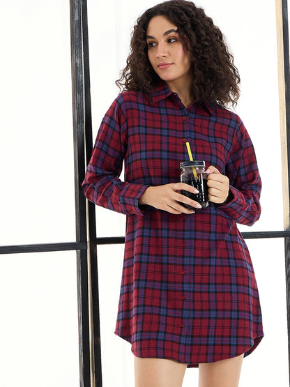 Maroon & Blue Check Lounge Longline Shirt