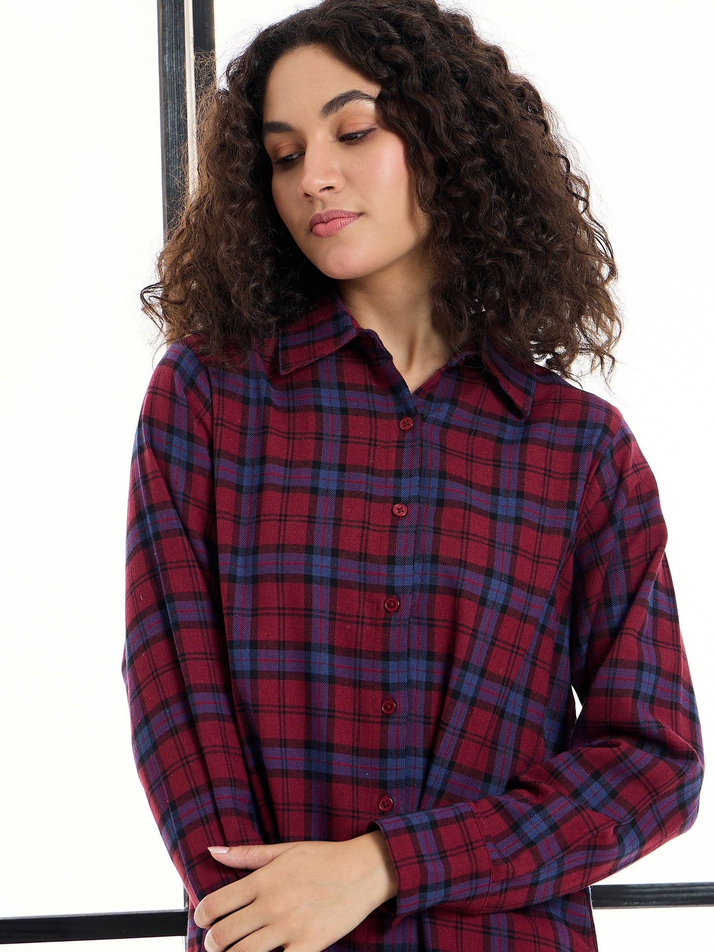 Maroon & Blue Check Lounge Longline Shirt