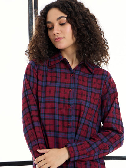 Maroon & Blue Check Lounge Longline Shirt