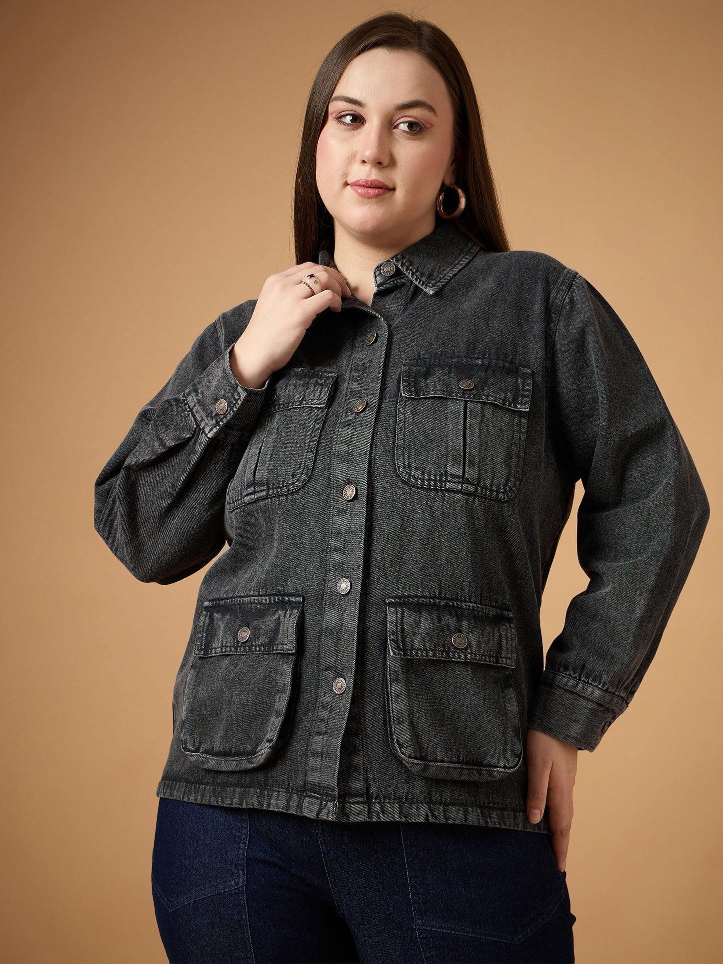 Black Acid Denim Wash Shacket