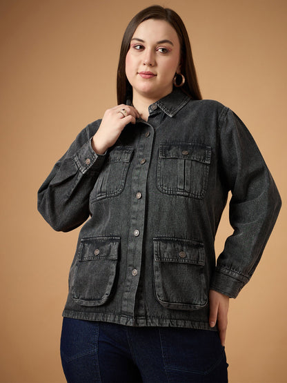 Black Acid Denim Wash Shacket