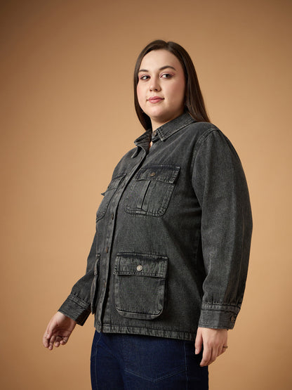 Black Acid Denim Wash Shacket