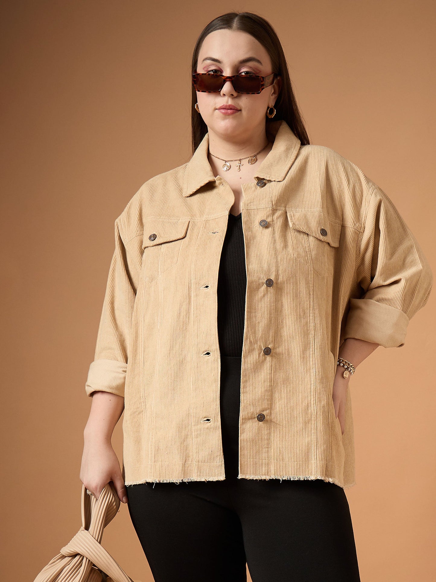 Beige Corduroy Front Button Shacket