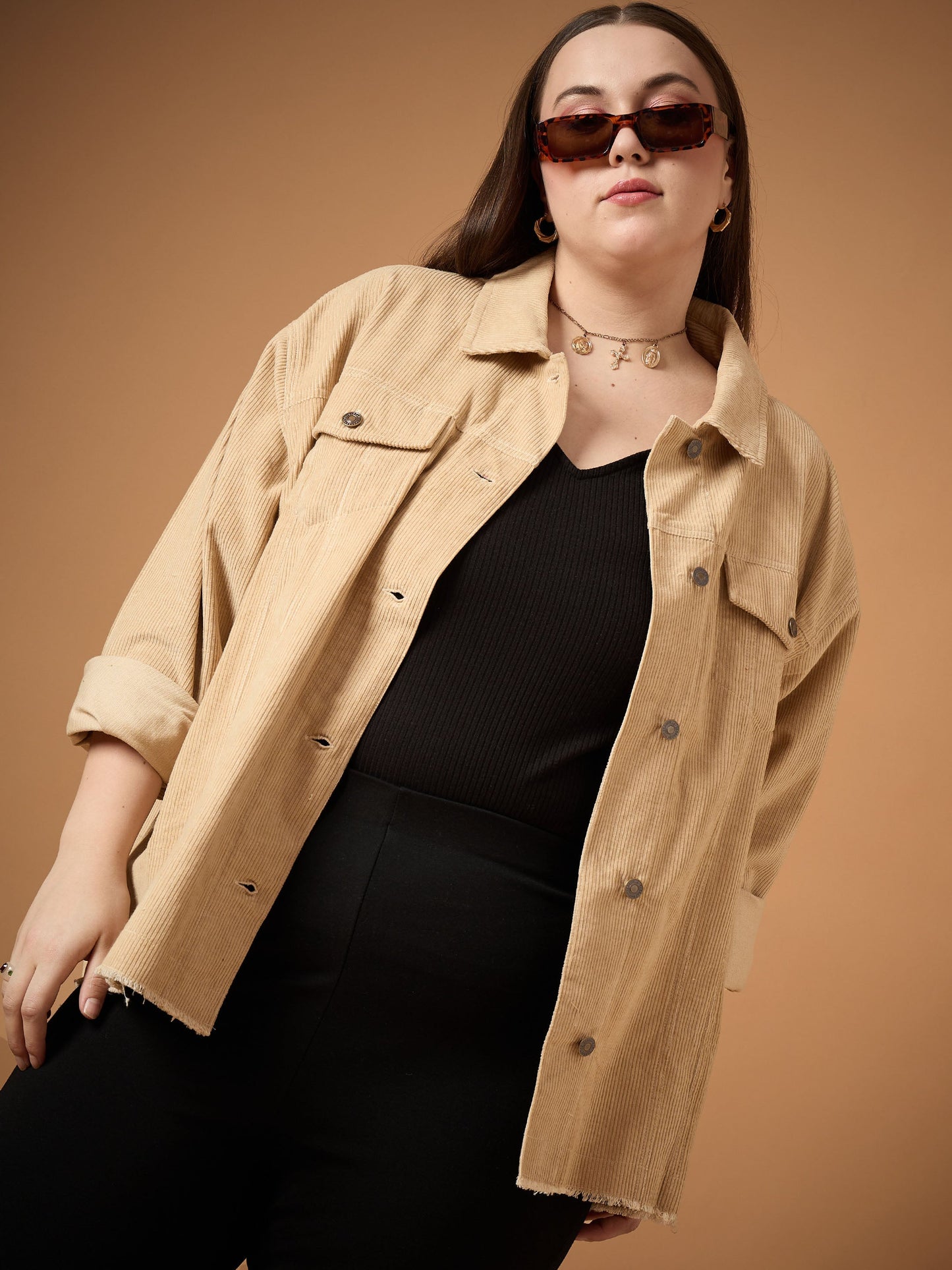 Beige Corduroy Front Button Shacket