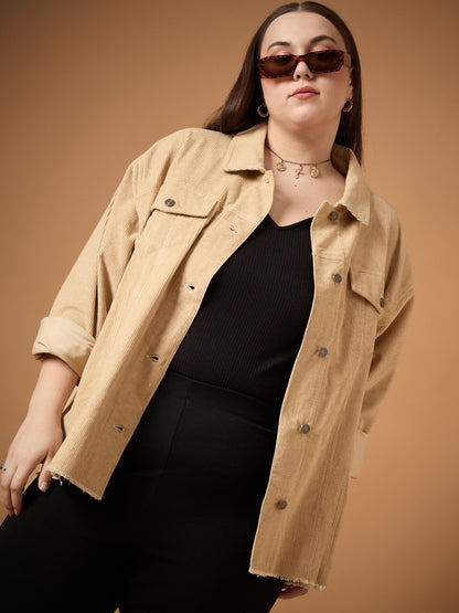 Beige Corduroy Front Button Shacket