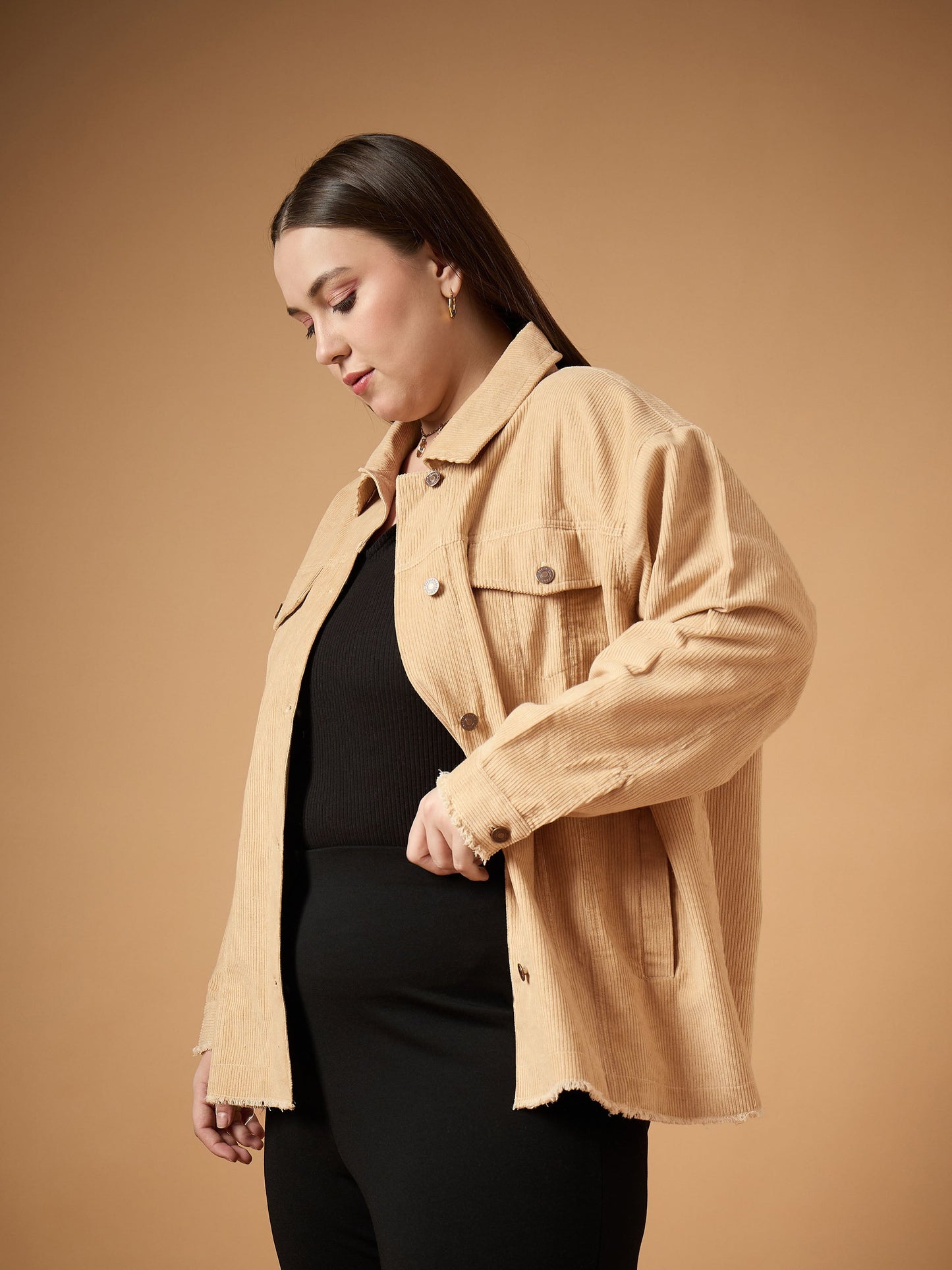 Beige Corduroy Front Button Shacket