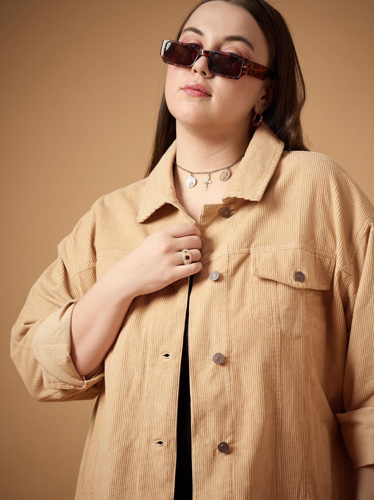 Beige Corduroy Front Button Shacket