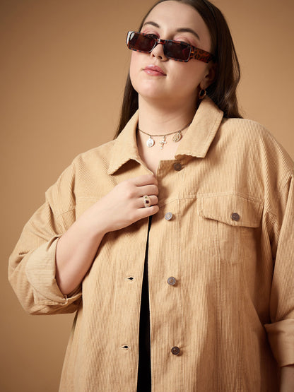 Beige Corduroy Front Button Shacket