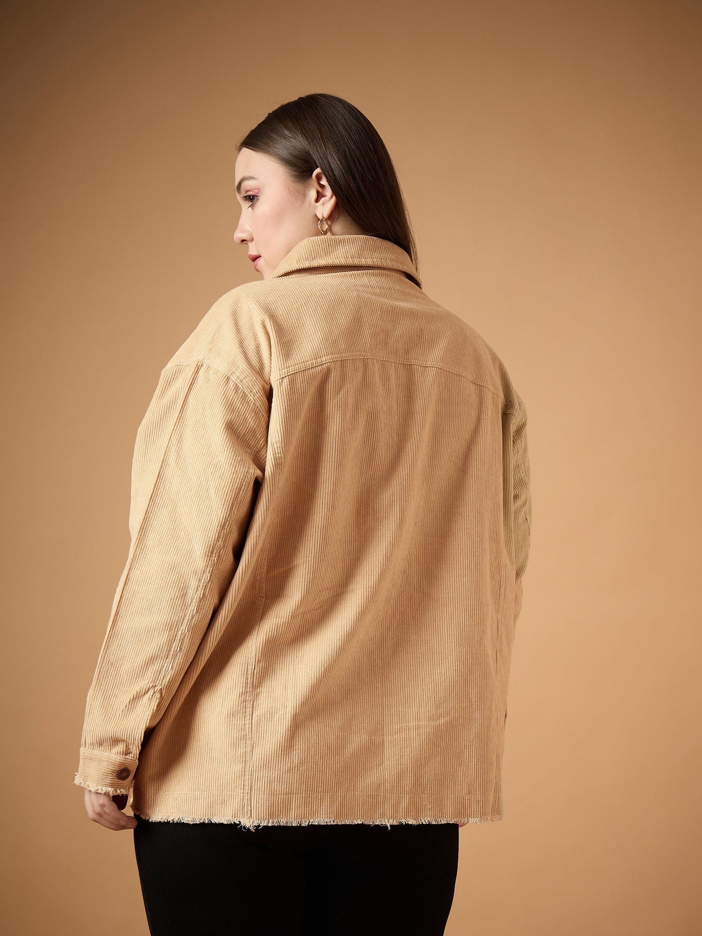 Beige Corduroy Front Button Shacket