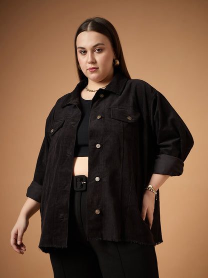 Black Corduroy Front Button Shacket