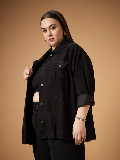 Black Corduroy Front Button Shacket