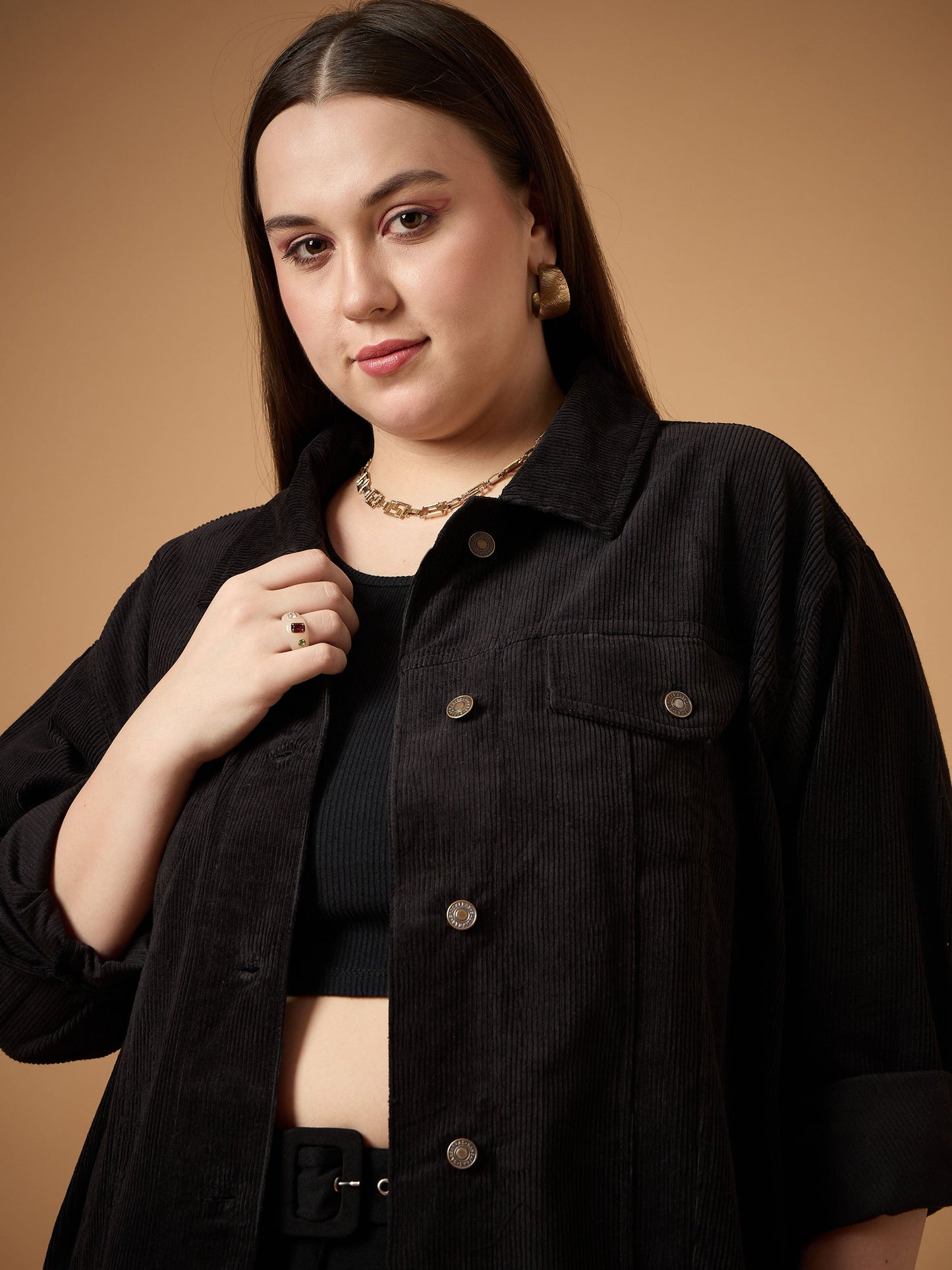 Black Corduroy Front Button Shacket