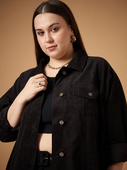 Black Corduroy Front Button Shacket