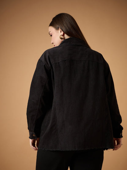 Black Corduroy Front Button Shacket