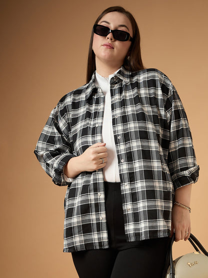 Black & White Flannel Check Front Button Shacket
