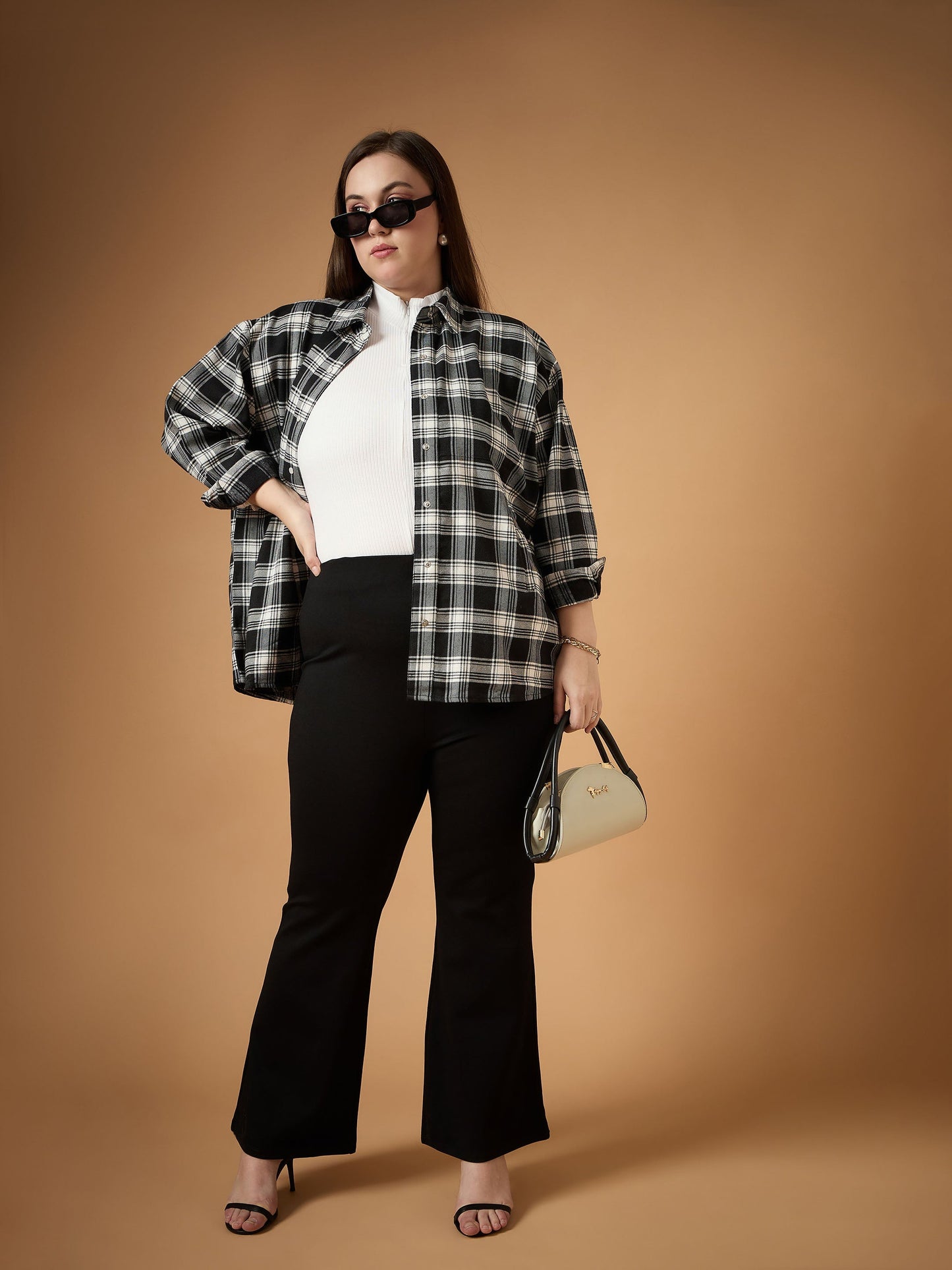Black & White Flannel Check Front Button Shacket