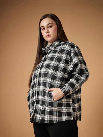 Black & White Flannel Check Front Button Shacket