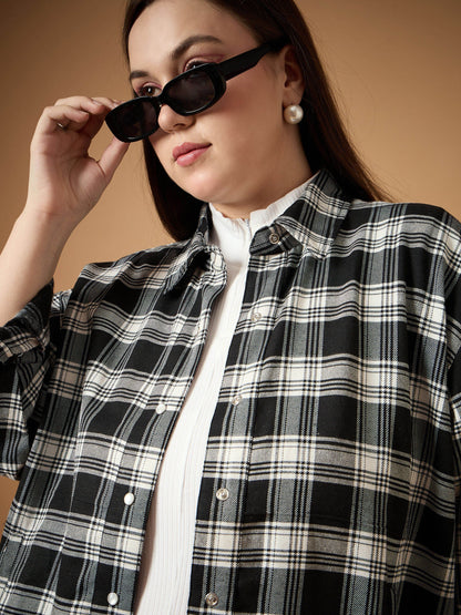 Black & White Flannel Check Front Button Shacket