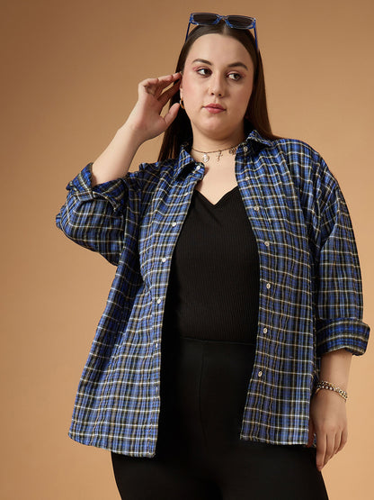 Blue & White Flannel Check Front Button Shacket