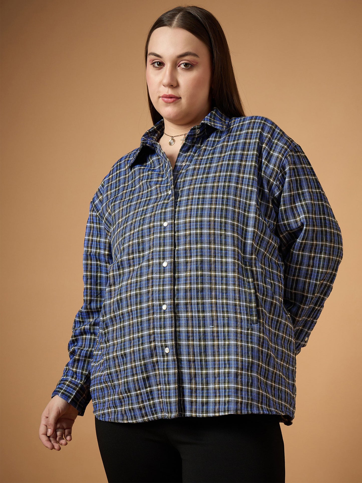 Blue & White Flannel Check Front Button Shacket