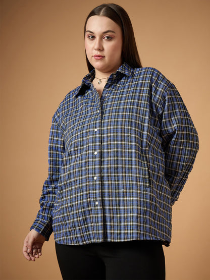 Blue & White Flannel Check Front Button Shacket