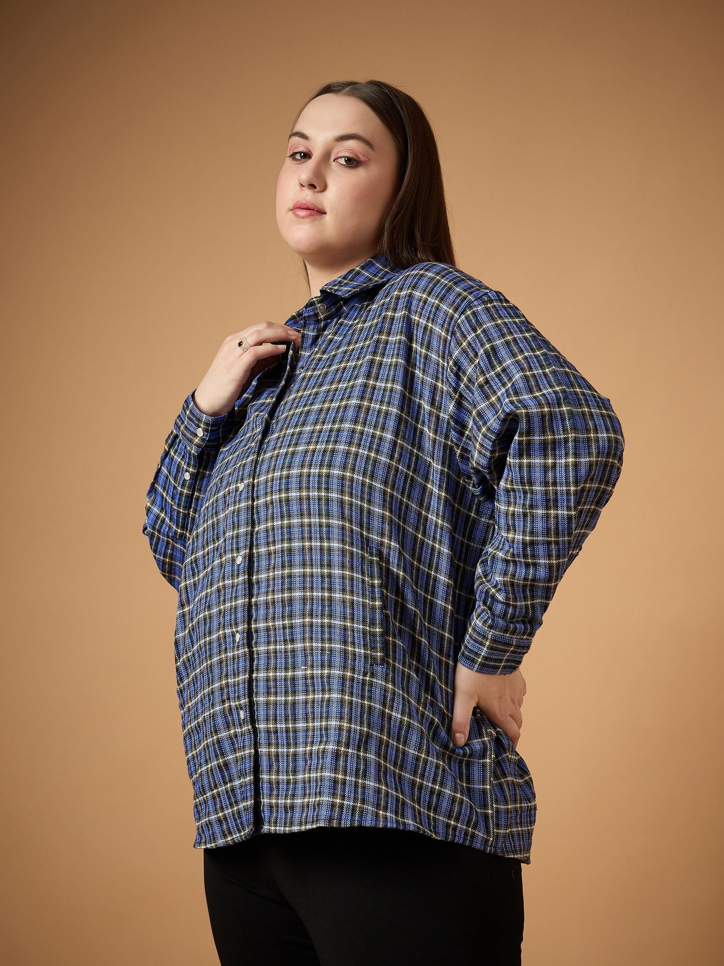 Blue & White Flannel Check Front Button Shacket
