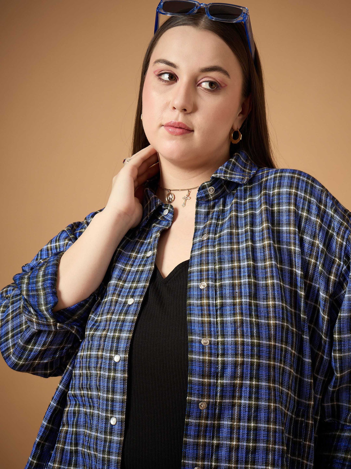 Blue & White Flannel Check Front Button Shacket