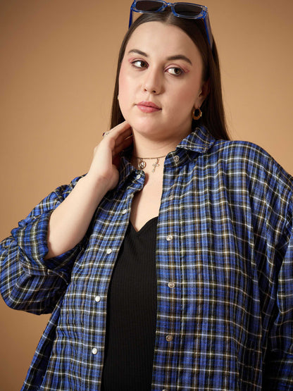 Blue & White Flannel Check Front Button Shacket
