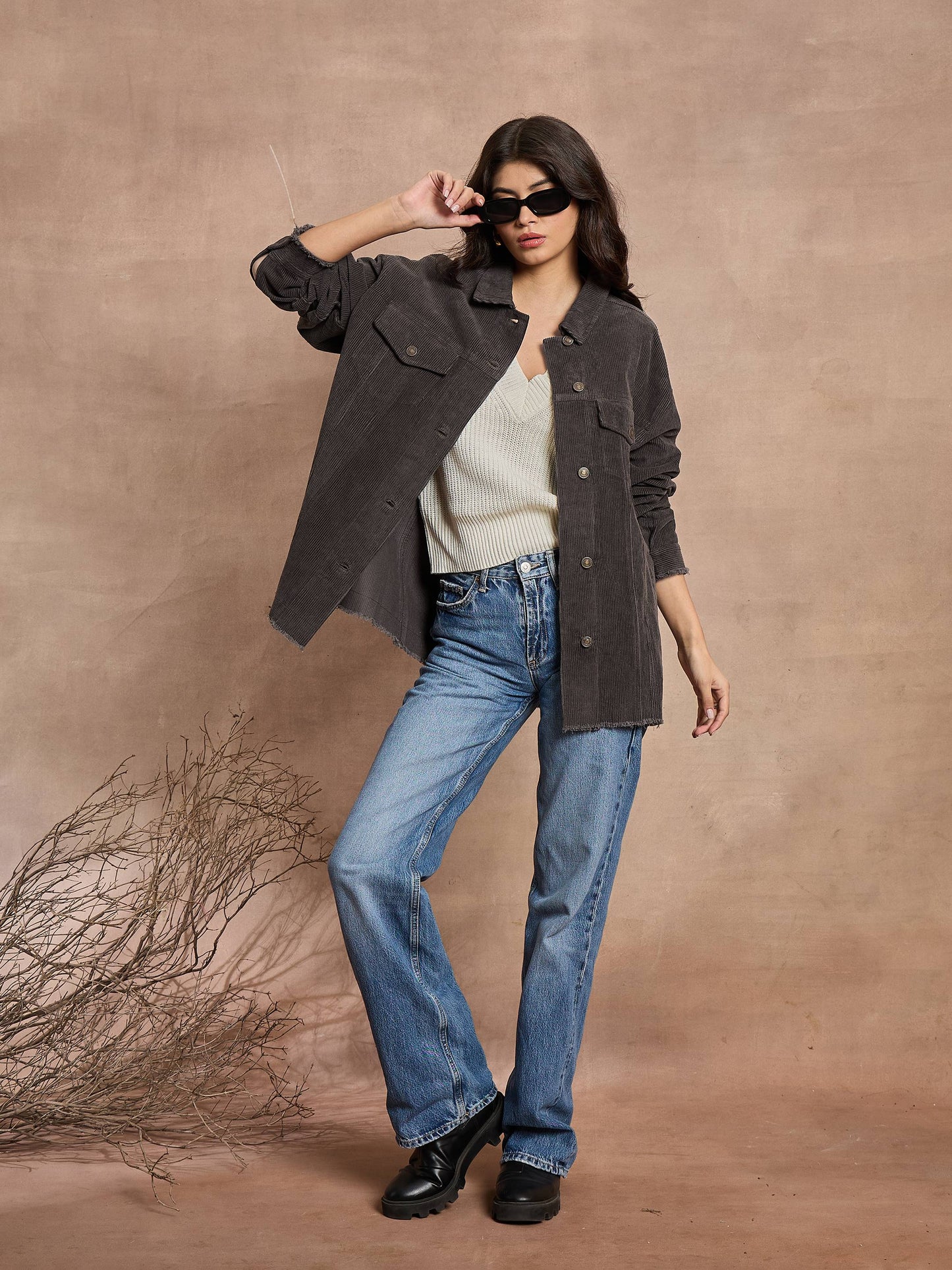Dark Grey Corduroy Oversize Shacket