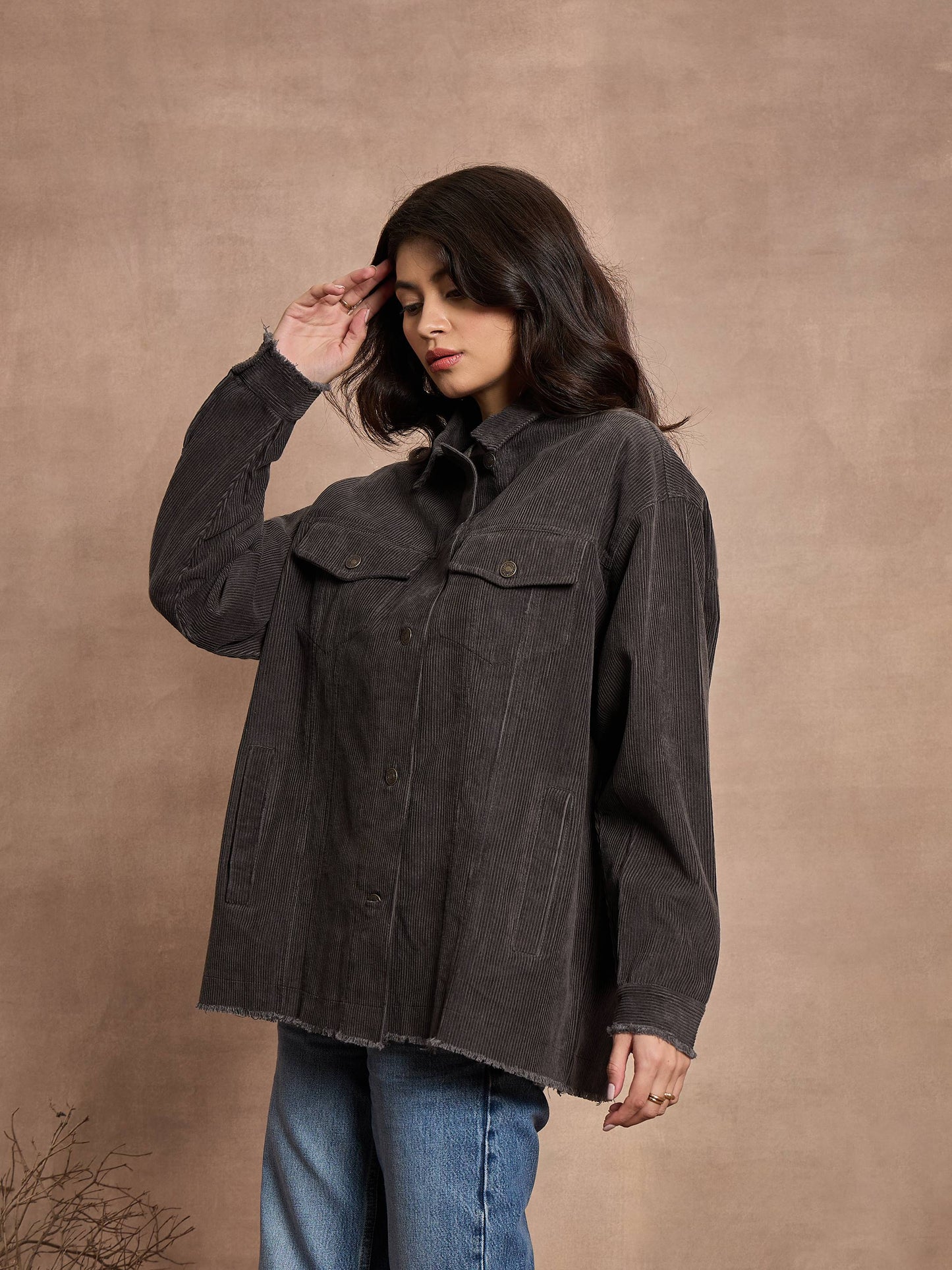 Dark Grey Corduroy Oversize Shacket