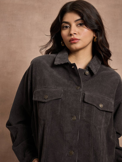 Dark Grey Corduroy Oversize Shacket
