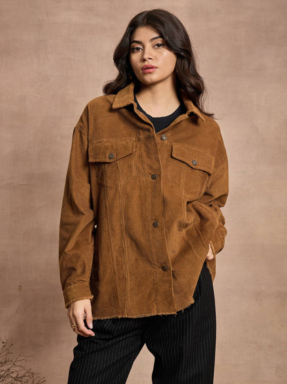 Women's Women Brown Corduroy Oversize Shacket in Cotton by Sassafras for wholesale, bulk, supplier, manufacturer and wholesaler buyers from Trendphoria
