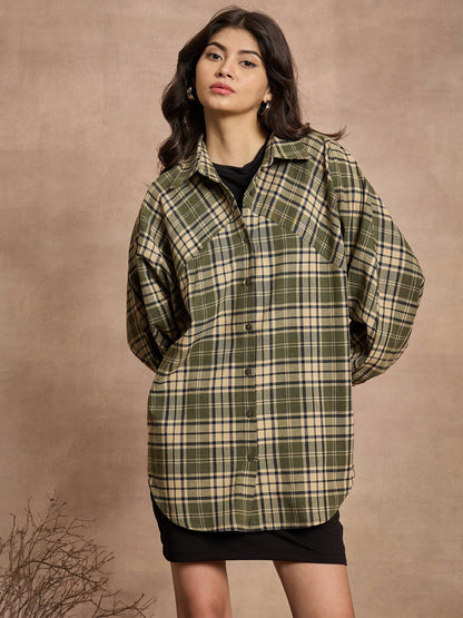Green & Beige Checked Oversized Shirt