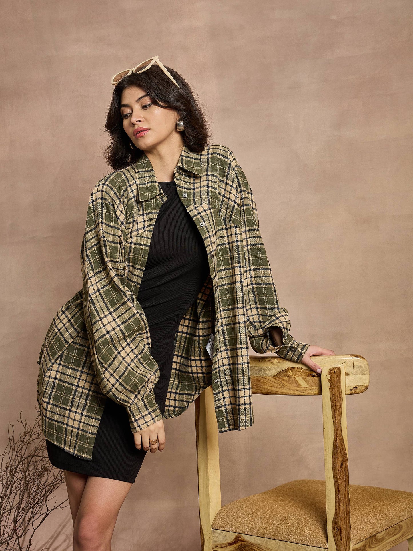Green & Beige Checked Oversized Shirt