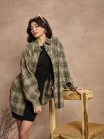 Green & Beige Checked Oversized Shirt