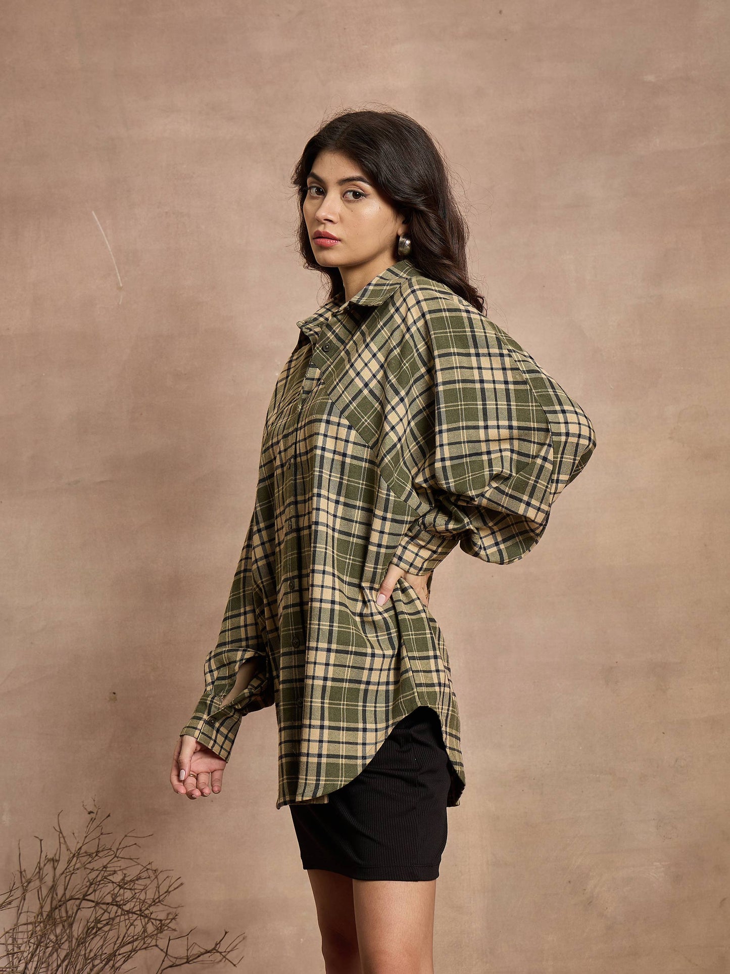 Green & Beige Checked Oversized Shirt