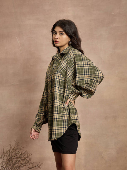 Green & Beige Checked Oversized Shirt
