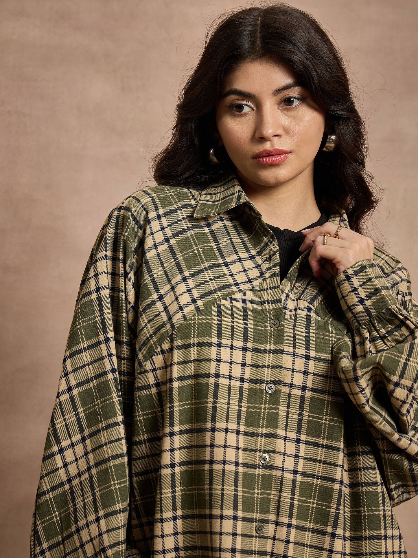 Green & Beige Checked Oversized Shirt
