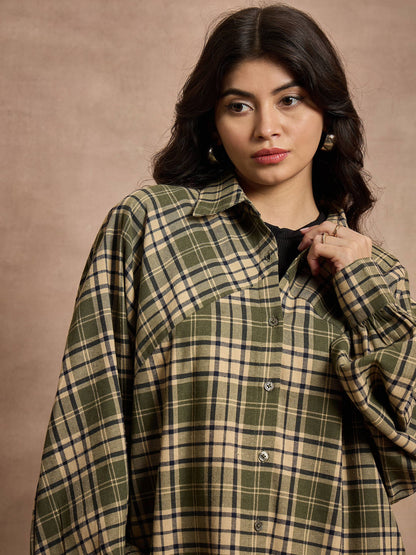 Green & Beige Checked Oversized Shirt
