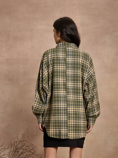 Green & Beige Checked Oversized Shirt