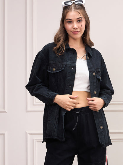 Women's Women Black Washed Denim Shacket in Cotton by Sassafras for wholesale, bulk, supplier, manufacturer and wholesaler buyers from Trendphoria