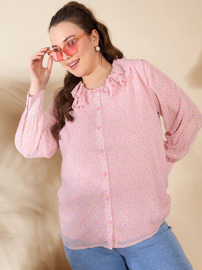 Pink Ditsy Floral Frill Neck Shirt