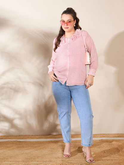 Pink Ditsy Floral Frill Neck Shirt