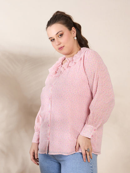 Pink Ditsy Floral Frill Neck Shirt