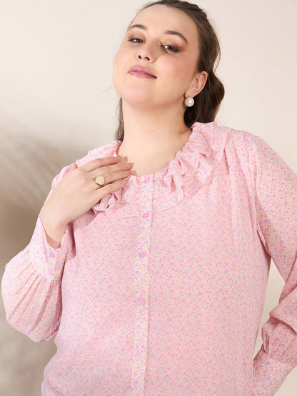 Pink Ditsy Floral Frill Neck Shirt
